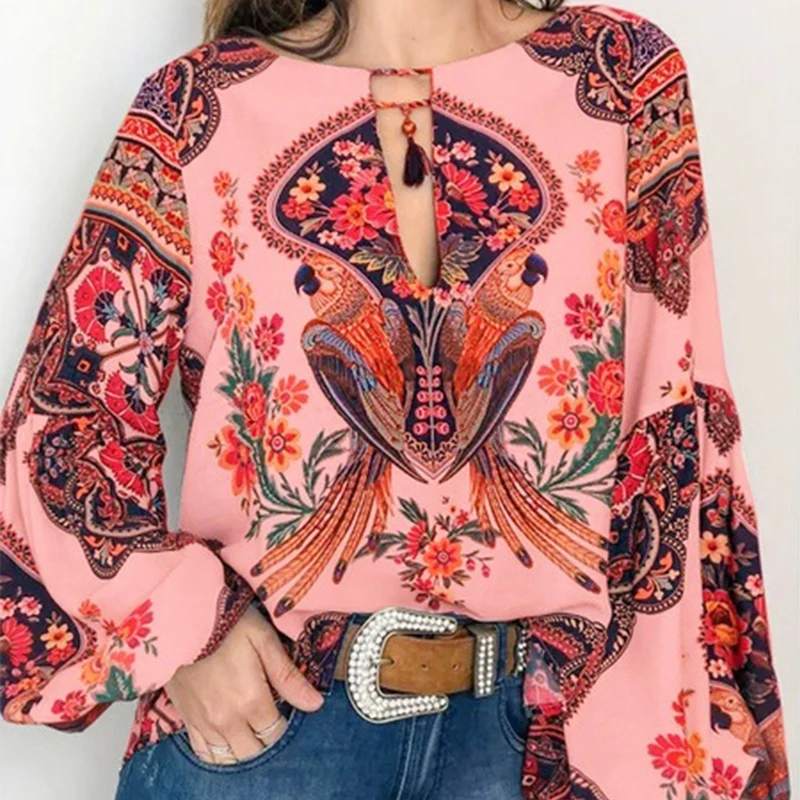 

S-3XL Women Bohemian Clothing O-neck Vintage Floral Print Shirts Ladies Lantern Sleeve Blouse Fashion Personality Plus Size Tops