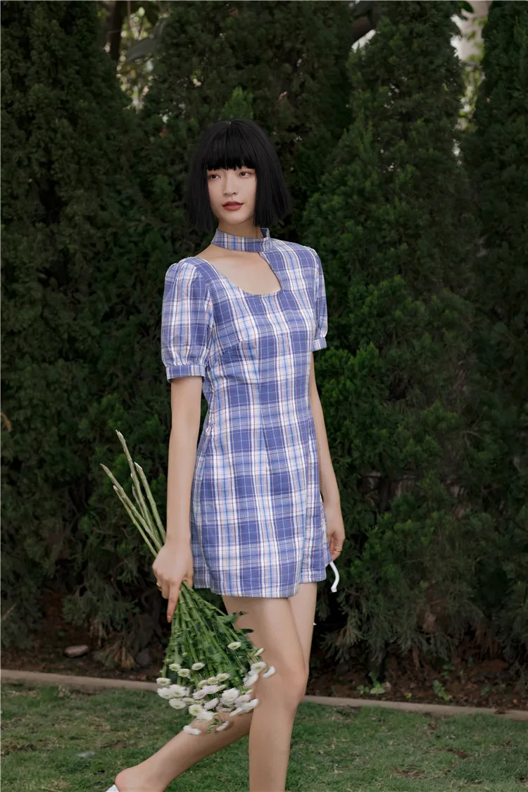 CHEERART фиолетовое клетчатое платье с лямкой на шее винтажное Летнее мини-платье