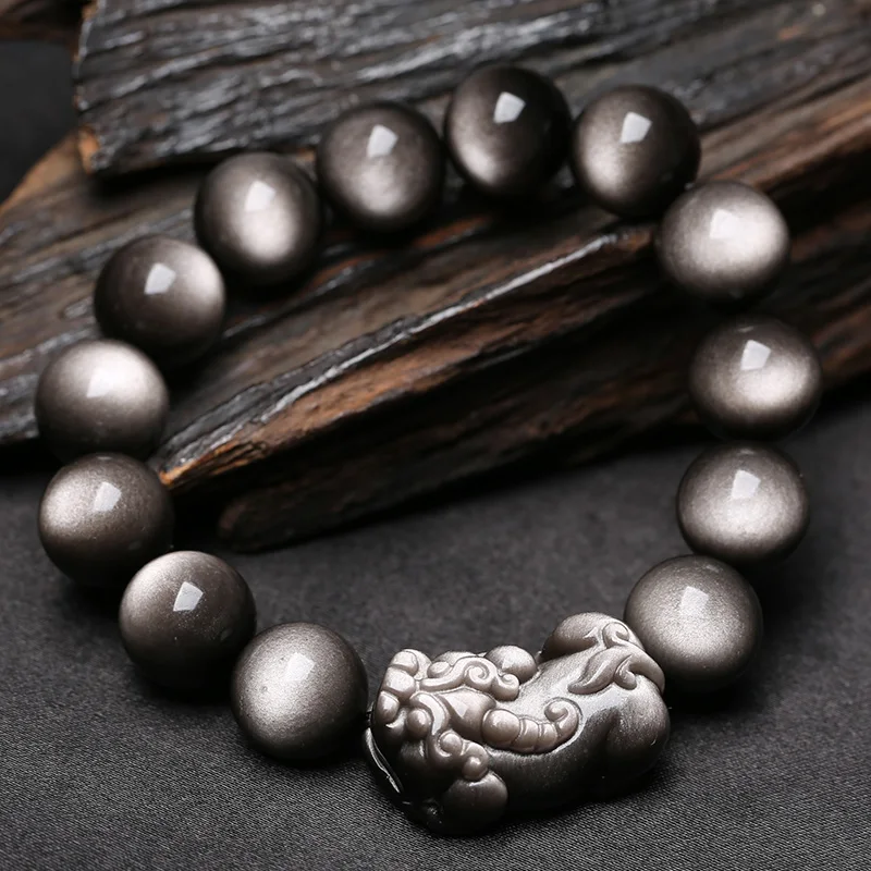 

Natural Stone Silver Pixiu Brave Troops Braided Buddhism Round Beads Energy DIY Obsidian Bangles Bracelet Men Women Jewelry