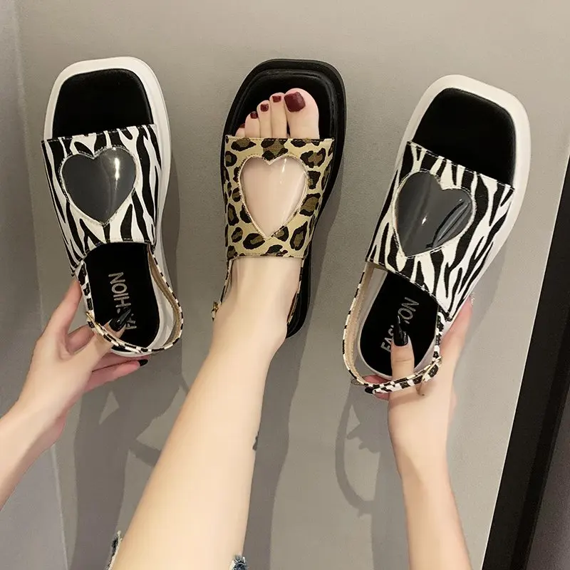 

Leopard Print Shoes Roman Sandals Clogs With Heel Buckle Strap Med 2021 Summer Espadrilles Platform Open Toe Gladiator Thick Med