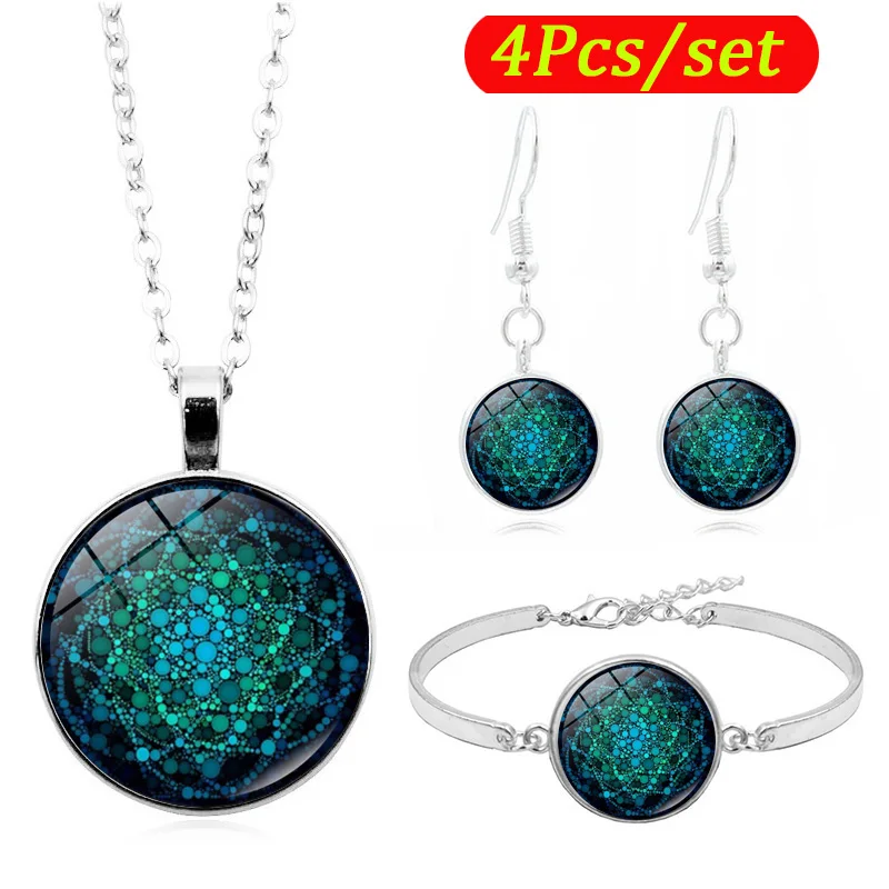 Набор украшений Flower of Life из стеклянного кабошона с фотографией, включающий ожерелье Мандала Yoga, браслет и серьги для женщин.