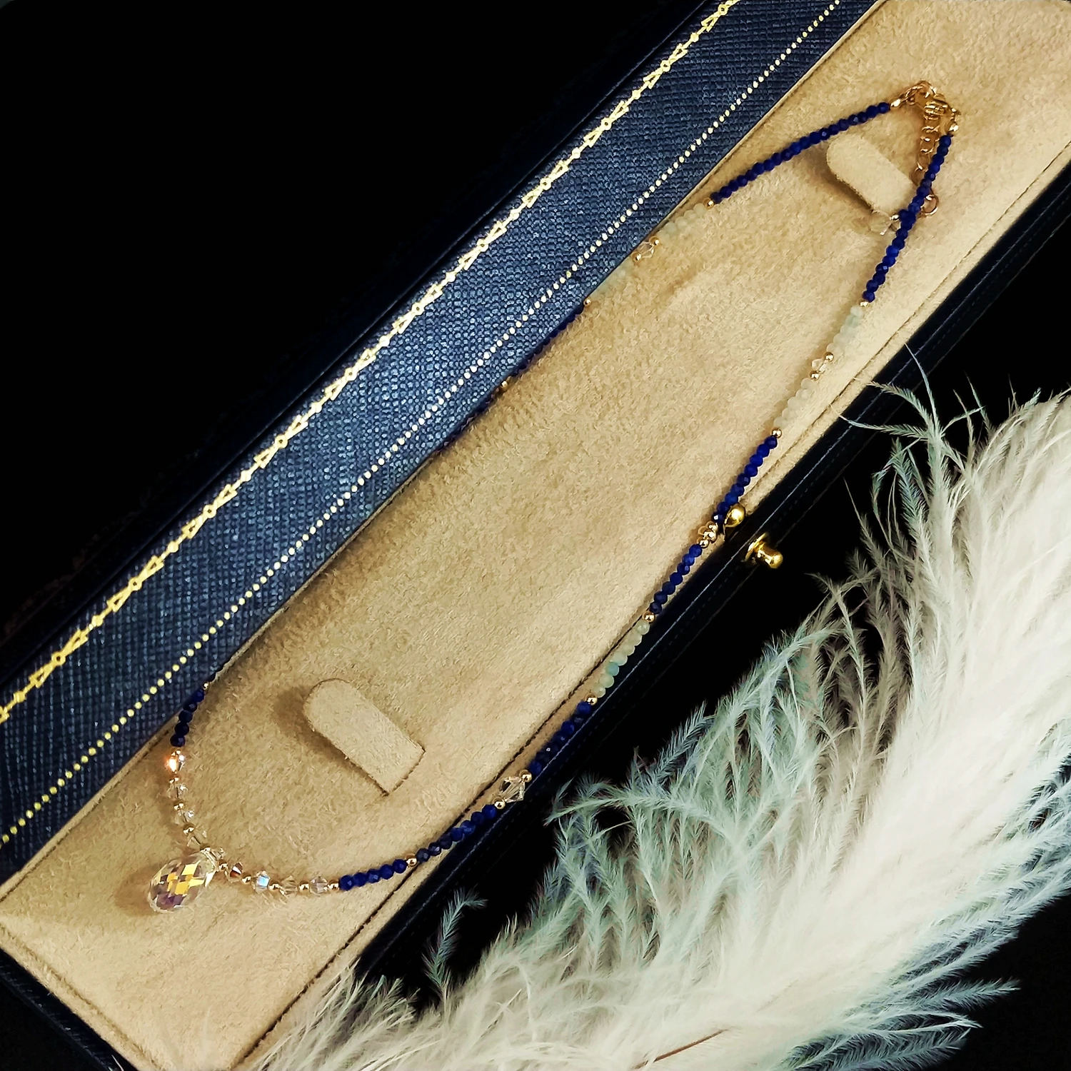 

Lii Ji Lapis Lazuli Aquamarine Austrian Crystal 14K Gold Filled Necklace 38+4cm Natural Stone Handmade Jewelry For Women Gift