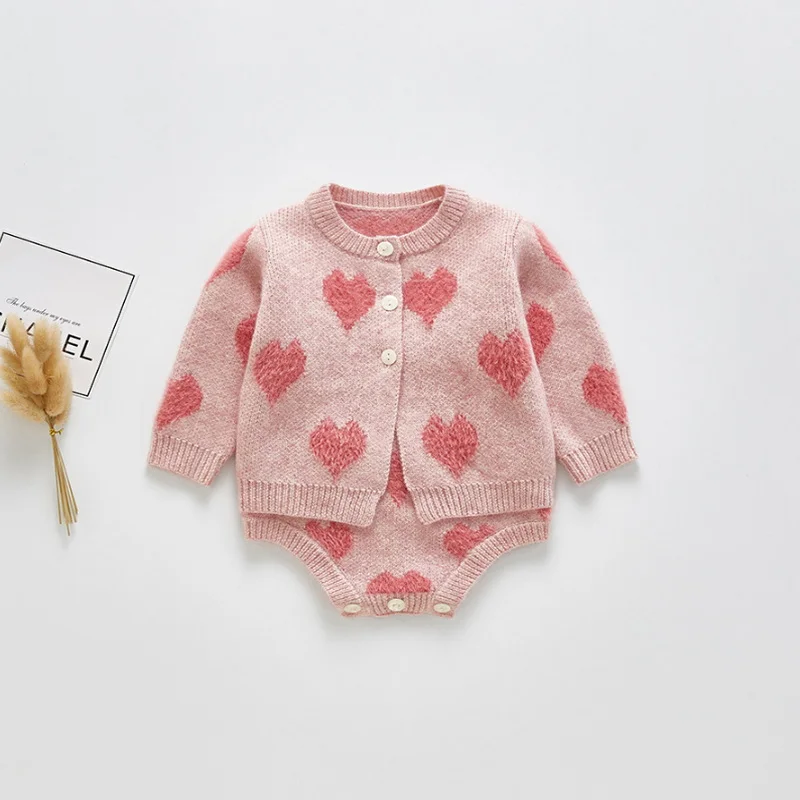 Conjuntos de oto&ntilde;o para ni&ntilde;as peque&ntilde;as, body con tirantes de coraz&oacute;n de amor + su&eacute;ter de punto abierto con cuello redondo de manga larga, trajes para ni&ntilde;os, E9302, 2021-3