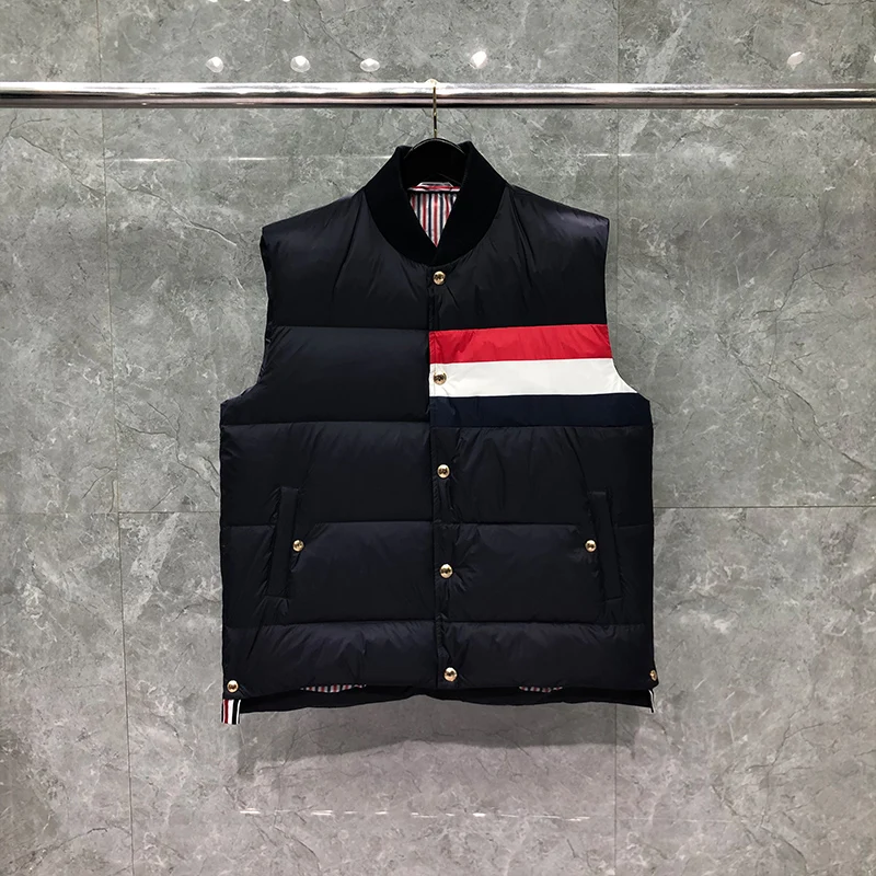 TB THOM Vest Winter Men's Jackets Fashion Brand Down Navy Jacket Vest Matte Nylon Contrast RWB Stripe  Wholesale TB Thermal Vest