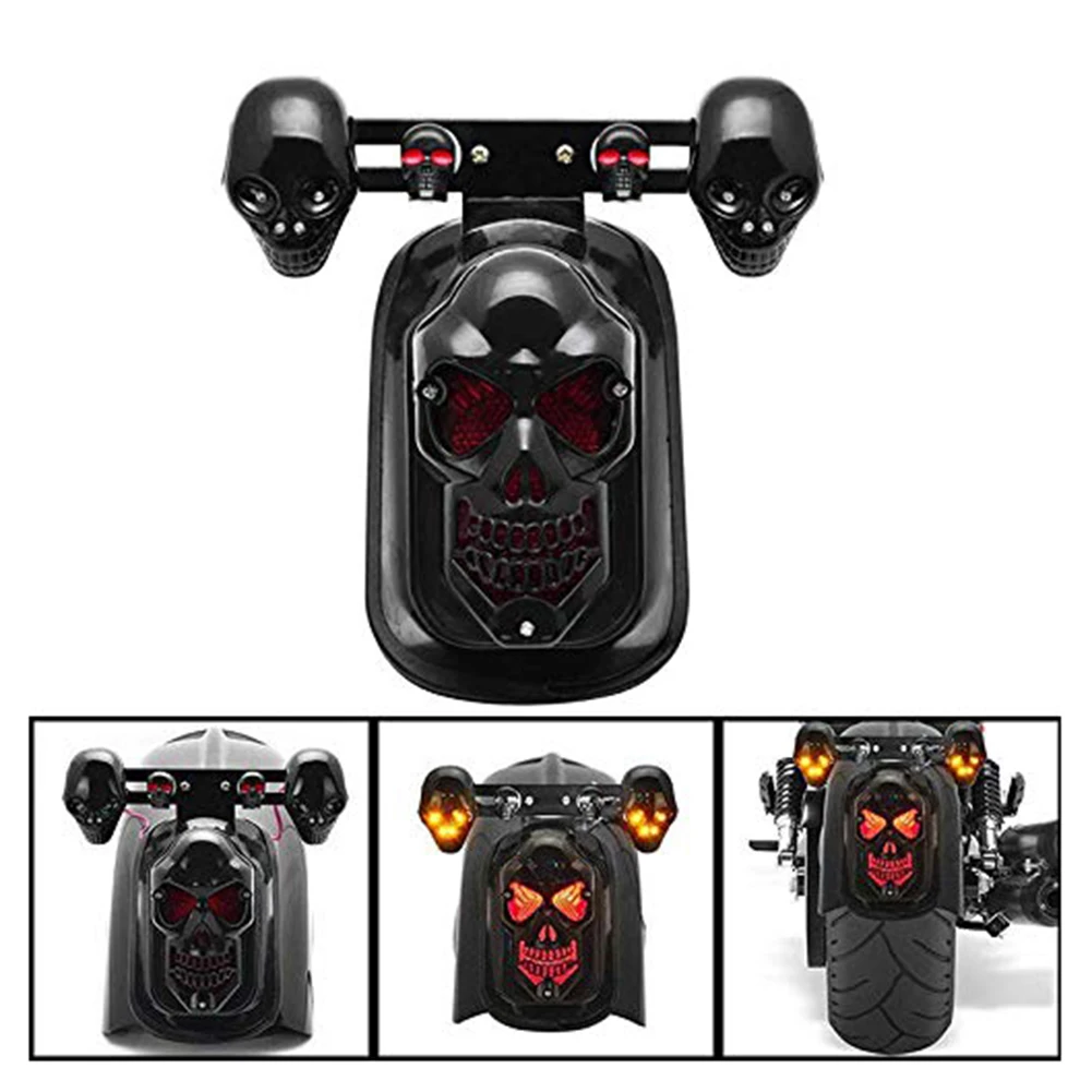 Chrome Skeleton Style Modified Motorcycle LED Black Skull Taillight with Turn Signal Motorbike Tail Lights Plus Steering |