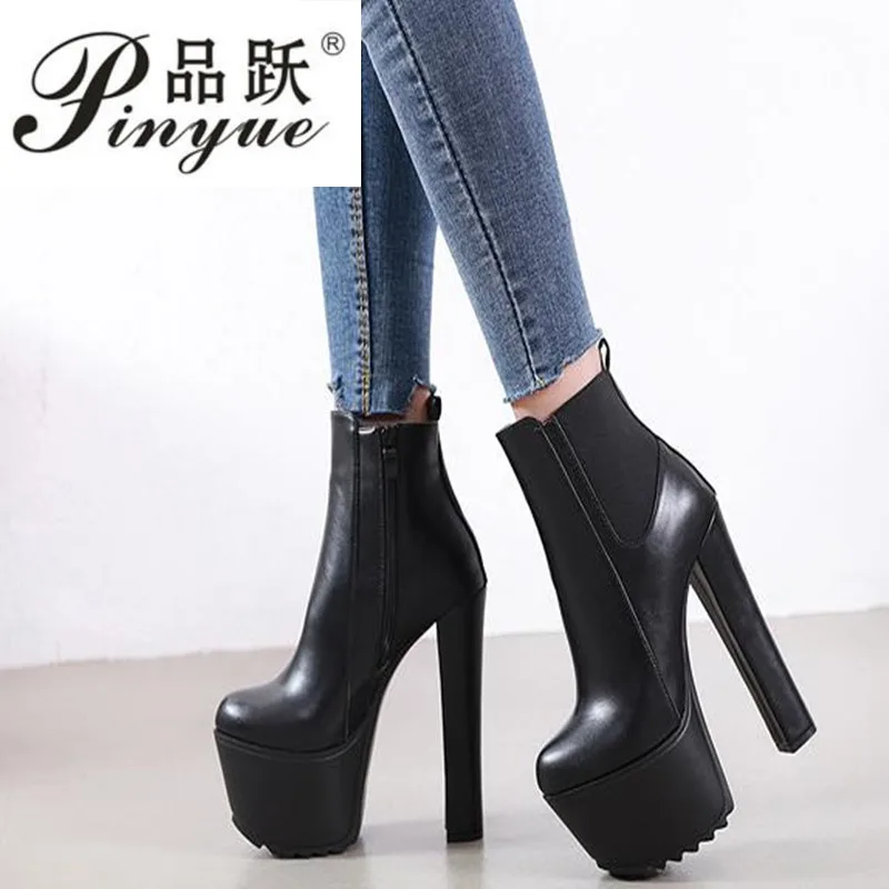 Женские ботильоны на платформе зимние ботинки Высоком толстом каблуке 16 см