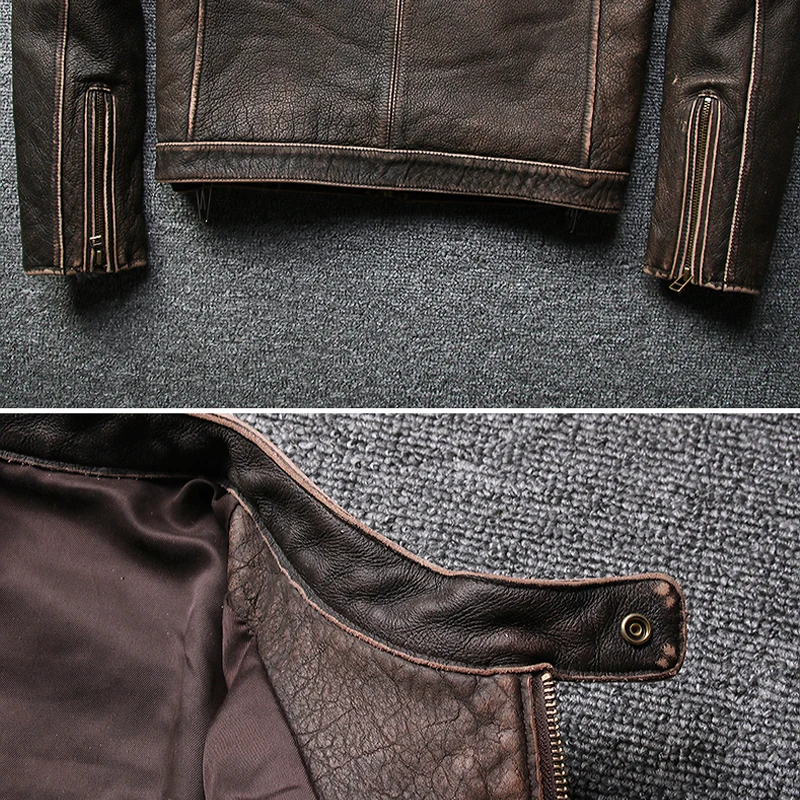 

Jacket Men Cow Stand Leather Collar Motorcycle Jacket Vintage Men Leather Outwear Male Bomber Jacket Streetwear22042-