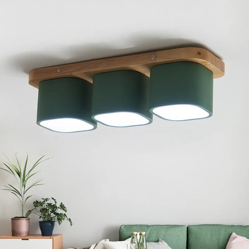Goedkoop Nordic Indoor Led Houten Plafond Verlichting Armatuur Armatuur Moderne Cube Hout Metaal Woonkamer Gang Lampen Set Woondecoratie