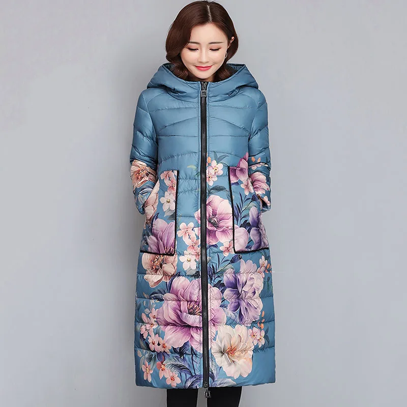 

Women's Printed Down Jacket 2020 New Winter Korean Fashion Mid-Length White Duck Down Plus Size 6XL Lady Keep Warm Overcoat F76