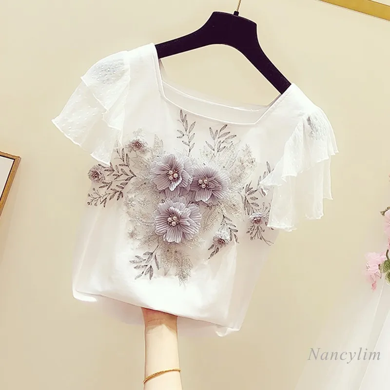 Slim Fit Cotton Tshirt Woman 2021 Summer Korean Style Sweet Beaded Flower Embroidered Ruffle Sleeve T-shirts Camisetas De Mujer