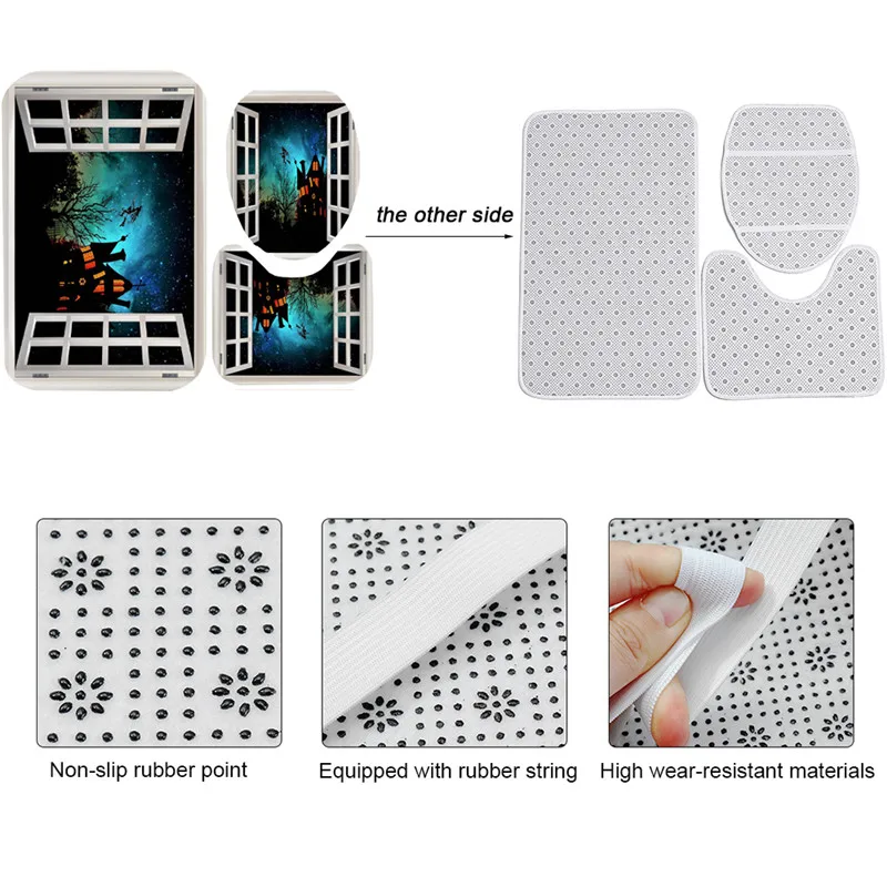 

4pcs New 3D Halloween Decor Haunted Waterproof Shower Curtain Bath Mat Set Non-Slip Quickly Dry Soft Toilet Lid Cover Floor Mat