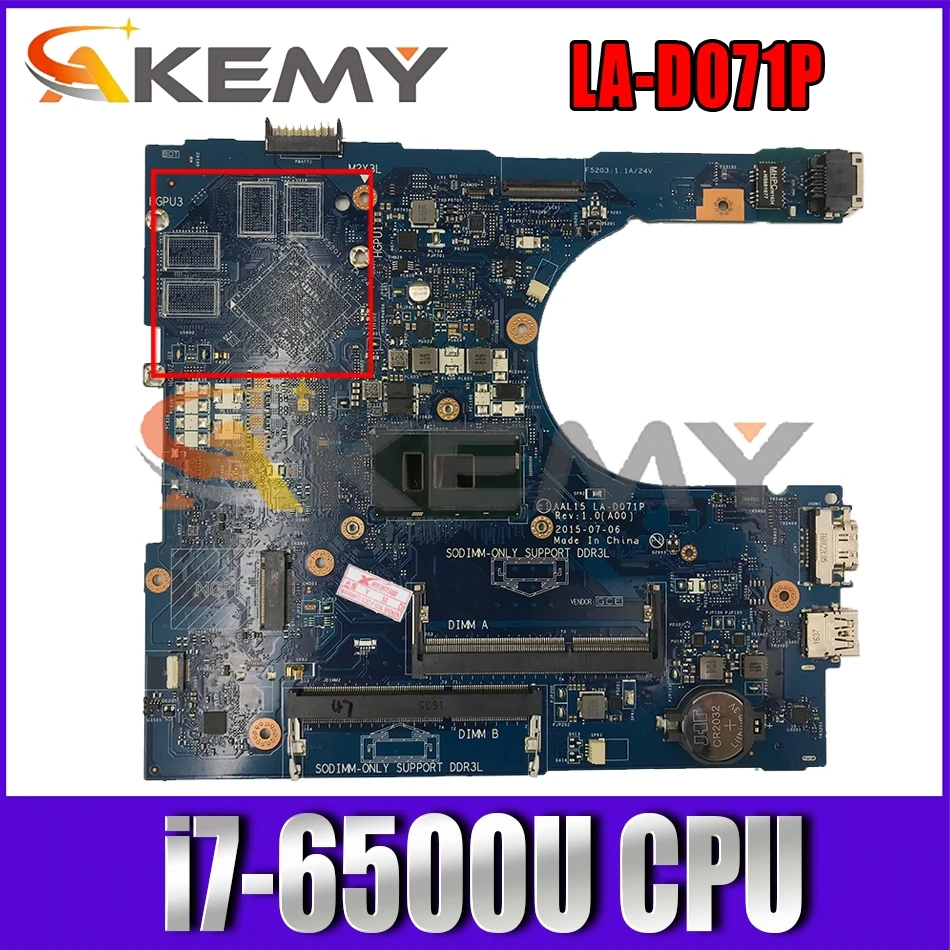 Материнская плата для ноутбука DELL Inspiron 15-5000 5459 5559 5759 с процессором i7-6500U AAL15 LA-D071P CN-0GGN3F 086V8H 0RV4XN, полностью проверенная на работоспособность.
