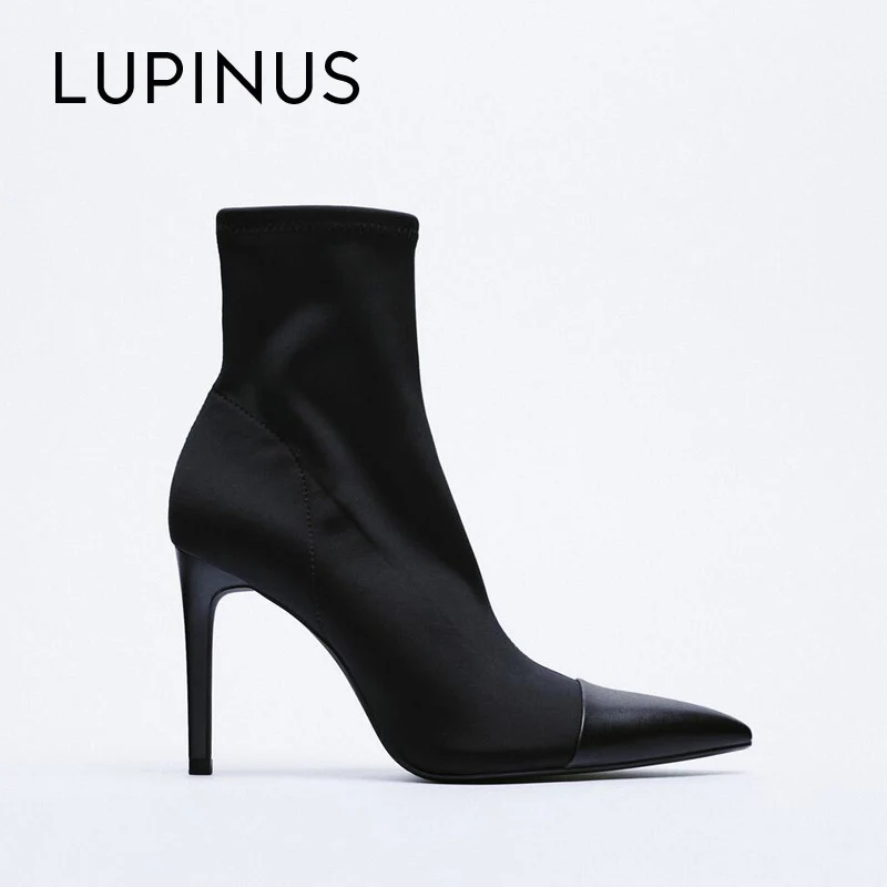 

LUPINUS Thin Heel Women Socks Boots Fashion Pointed Toe Super High Heel Women Ankle Boots Stretch Fabrics Black Women Boots
