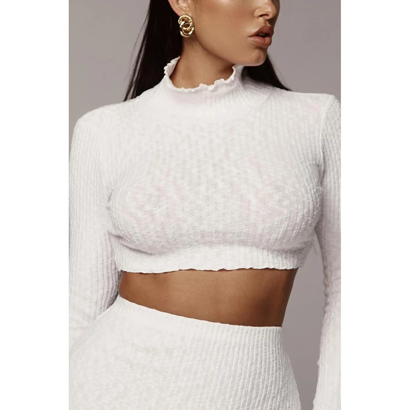 women elegant O neck long sleeve Tops mini bodycon skirt suits sexy fashion style High waist 2020 new years 2 pieces set | Женская