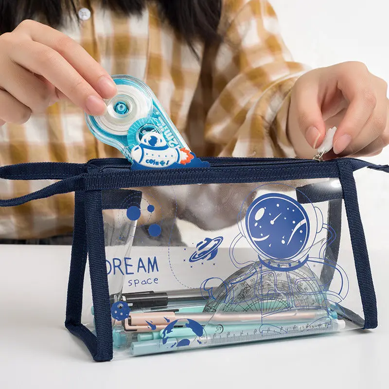 

Astronaut High Capacity Pen Pencil Case Fold Canvas Stationery Storage Bag Organizer For Cosmetic Travel Student Transparent