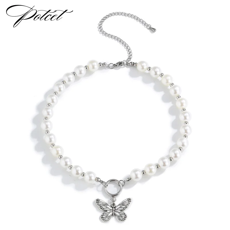 

POTCET Women's Stainless Steel Pearl Butterfly Steel Titanium Steel Necklace Clavicle Chain Retro Fashion Hip Hop Party Jewelry