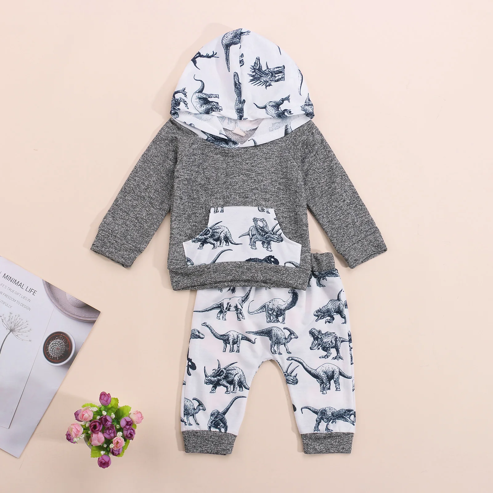 

2Pcs Baby's Sets Stitching Long Sleeves Pullover Cartoon Dinosaur Printed Pants Toddler Boys Spring Autumn Clothing 0-24 Months