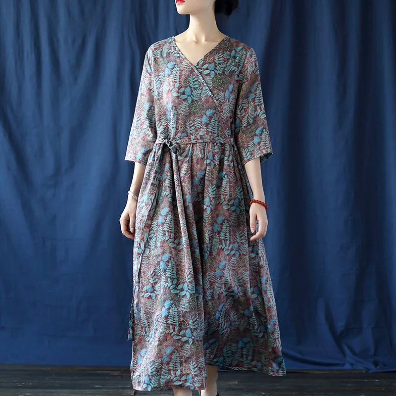 Original Loose Retro V-Neck Dress Ramie Printing Summer Long Dress Women's Summer Dress Women's Clothing 2021