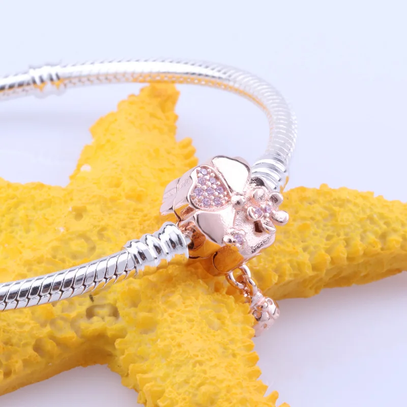 

Valentine's Day Authentic 100% 925 Sterling Silver Flower Rose Gold Snake Bone Chain Ladybug Charm Original Bracelet