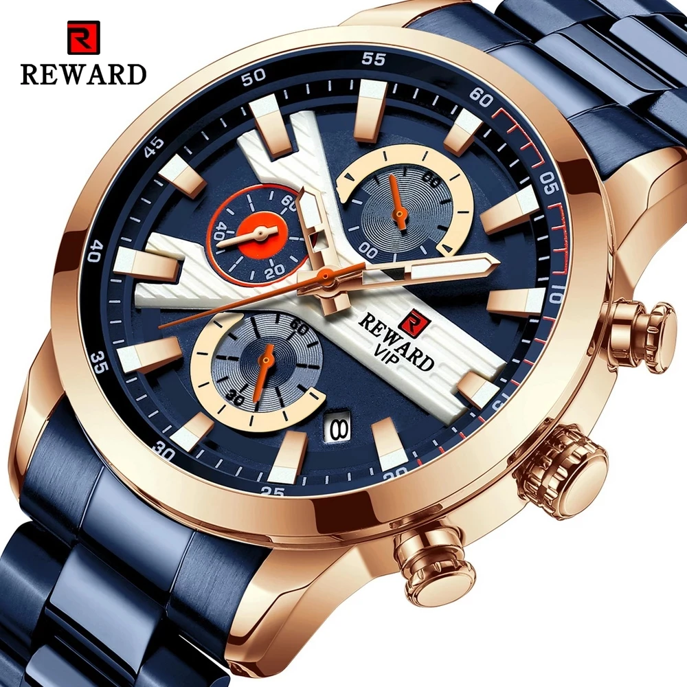 

REWARD New Mens Busienss Watch Fashion Style Stainless Steel Top Brand Luxury Brand Waterproof Date Quartz Male Watches