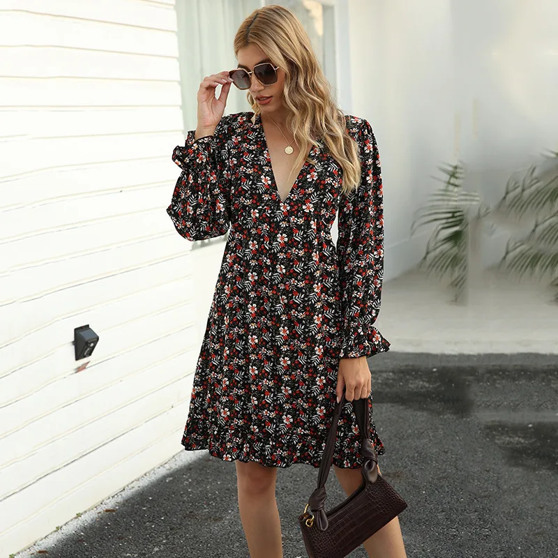 

2022 Fashion Floral Dress Spring Autumn V-Neck Long-Sleeved Sexy Mini Skirt High Waist Loose Casual Dresses Female clothing