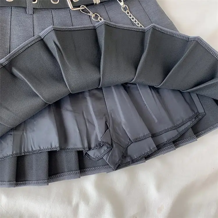 

MAGOGO Gothic Chain Belt Pleated Skirt Women New Punk A-Line Black Grey Short High Waist Trendy Cool Skirt