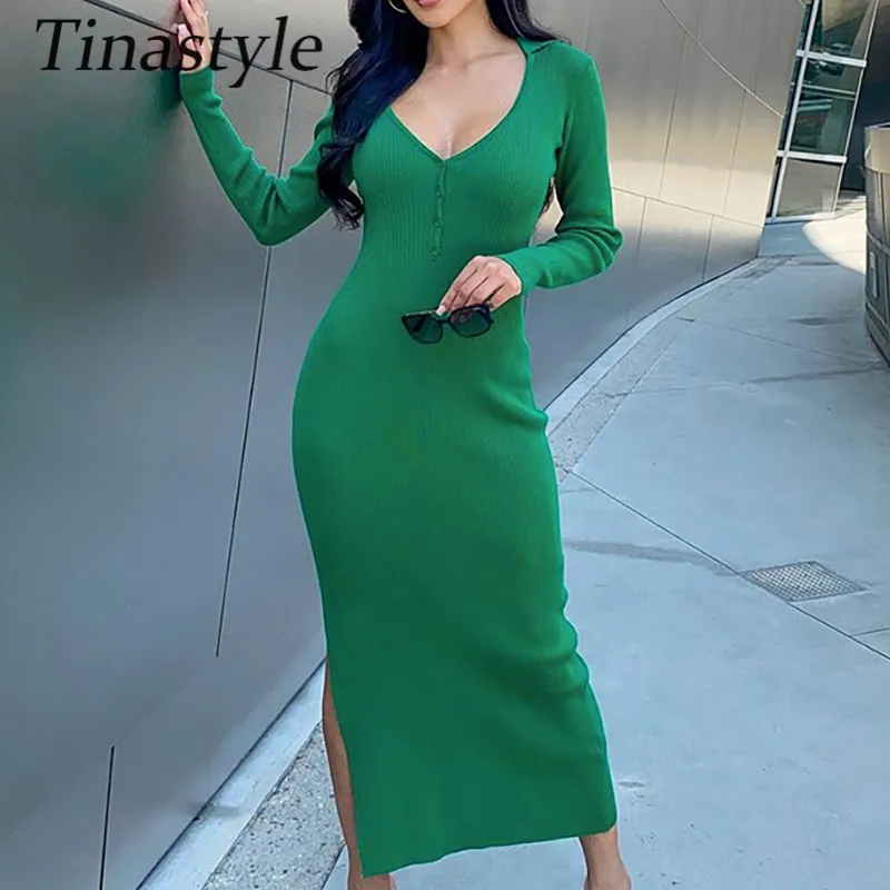 

Женское длинное трикотажное платье Tinastyle, повседневное базовое облегающее Платье макси с глубоким V-образным вырезом и длинным рукавом, Осе...