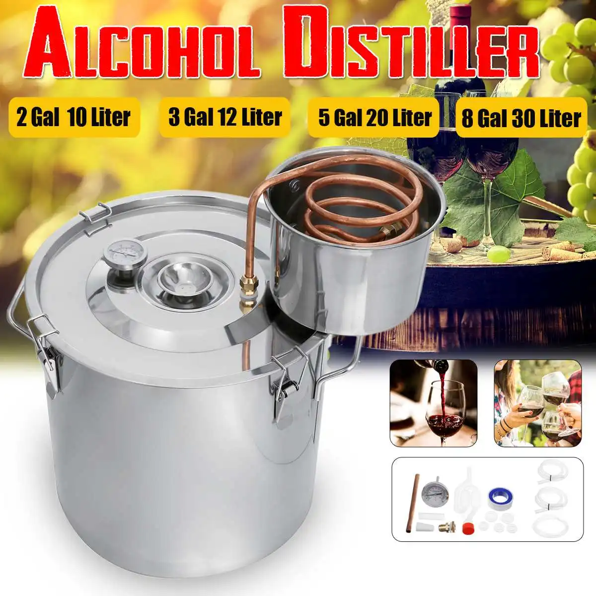 

8 Gal 30L Distiller Moonshine Alcohol Stainless Copper DIY Home Water Wine Essential Oil Brewing Kit 304 Stainless Steel Boiler