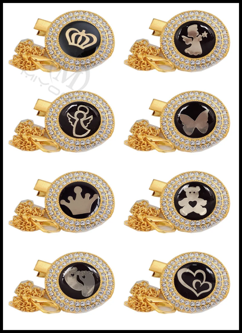 

MIYOCAR lovely symbol unique gold bling pacifier clip pacifier holder black symbol with gold chain dummy clip LS-GB