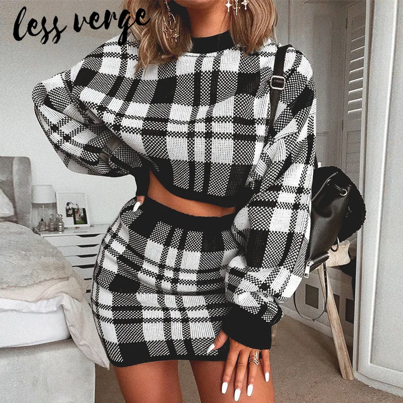 Lessverge осеннее повседневное клетчатое вязаное платье свитер женский комплект из
