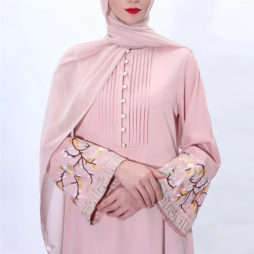 

Muslim Abaya Maxi Dress Solid Embroidery Long Robe Women A-line Gown Ramadan Arab Dubai Turkish Islamic Vintage Prayer Clothing