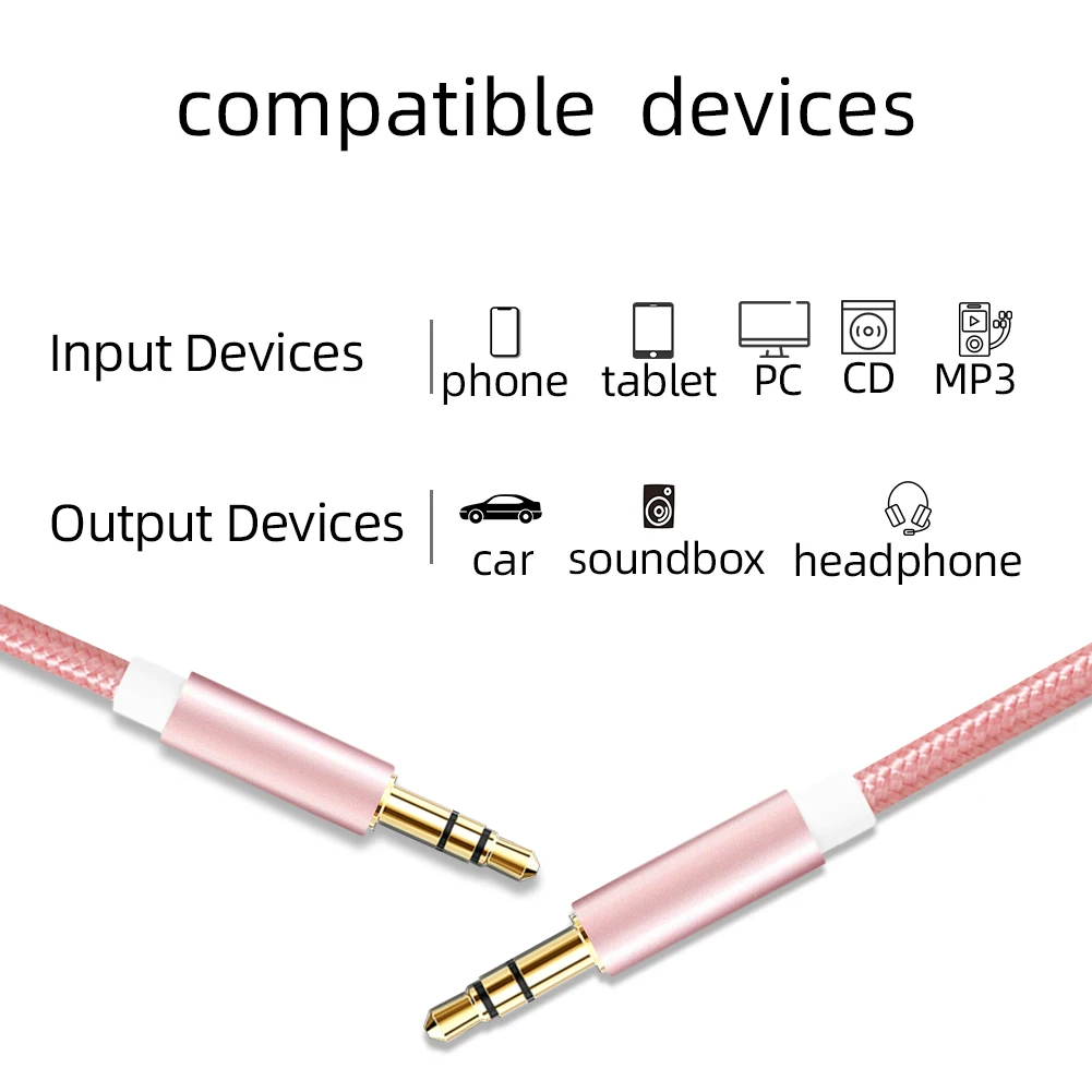 Nylon Jack Audio Cable 3.5 mm to 3.5mm Aux Cable 2m 3m Male to Male Kabel Gold Plug Car Aux Cord for Phone