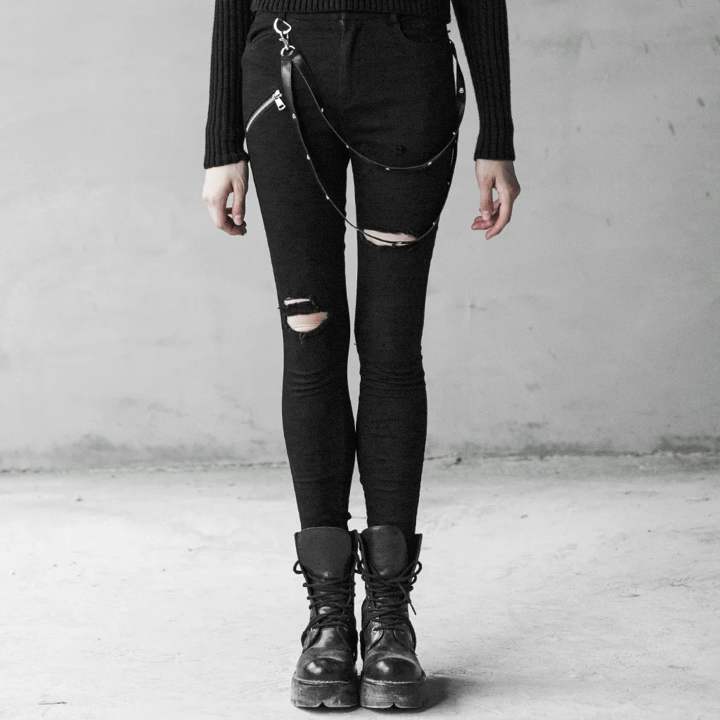 

Fashion Slim Skinny Pants Women Streetwear Women's Punk Style Removable PU Leather Buckle Hole Elastic Jeans PUNK RAVE