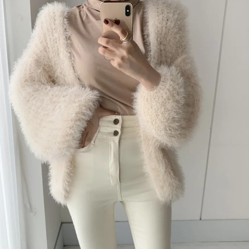 

JSXDHK Fashion Chic Women Solid Color Mohair Sweater Cardigan New Autumn Winter Soft Knitted Lantern Sleeve Open Stitch Jumpers