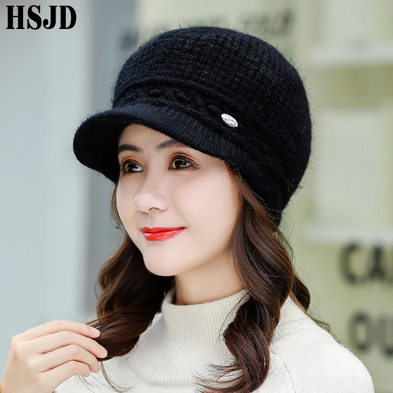 Шапка-бини женская вязаная однотонная из кроличьего меха | Аксессуары для одежды