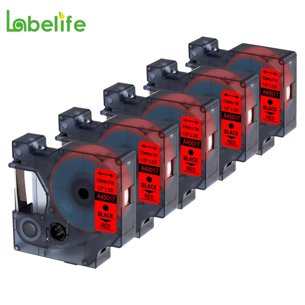 Labelife 5 Pack 12mm 45017 Black on Red Compatible Dymo D1 S0720570 Labelmaker Tape For Items in Household Fefrigerator/Freezer. |
