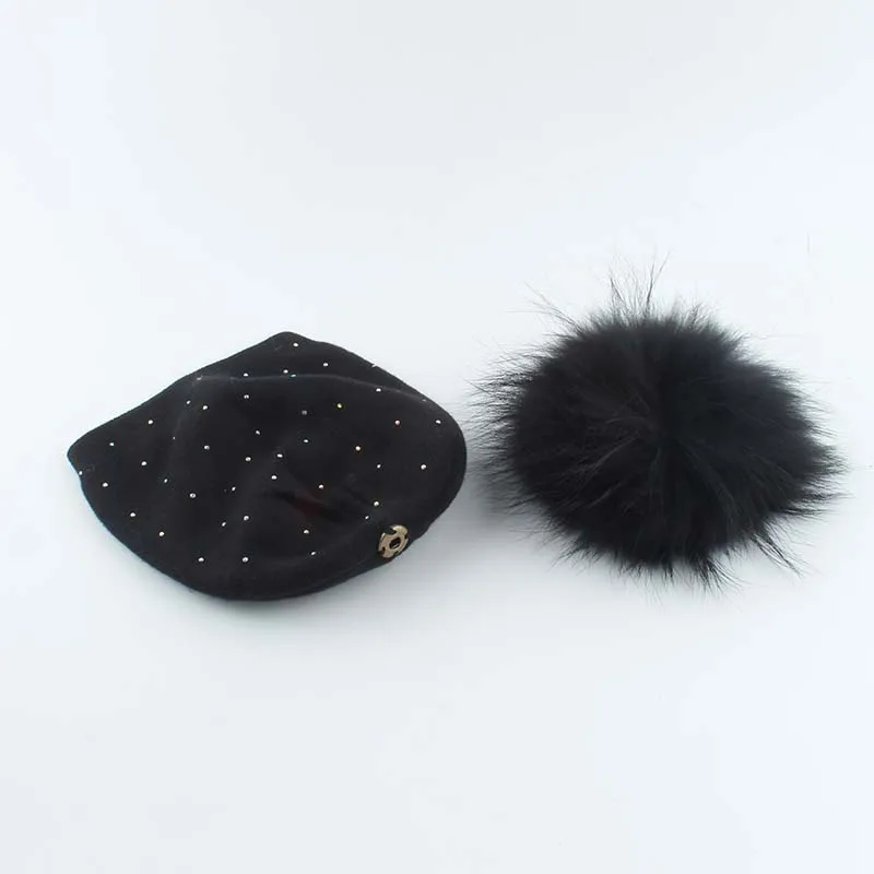 

Kids Real Raccoon Fur Hat Children Warm Wool Knitted Bobble Ski Cap Winter Fur Pom pom Hat With Diamond
