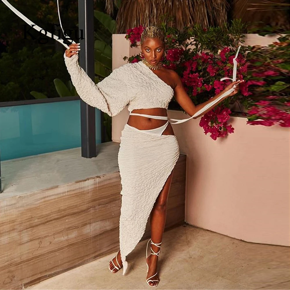 

KGFIGU 2021 Новое поступление, асимметричный однотонный элегантный вязаный женский комплект из двух предметов со шнуровкой и Боковым Разрезом с...