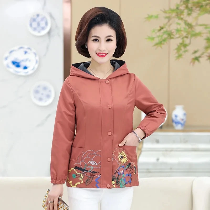 

Casual Printing Hooded Jacket Women Elegant Mom's plus size 5XL Coat Chic Zipper Short Outwear Korean Autumn Slim WindBreaker