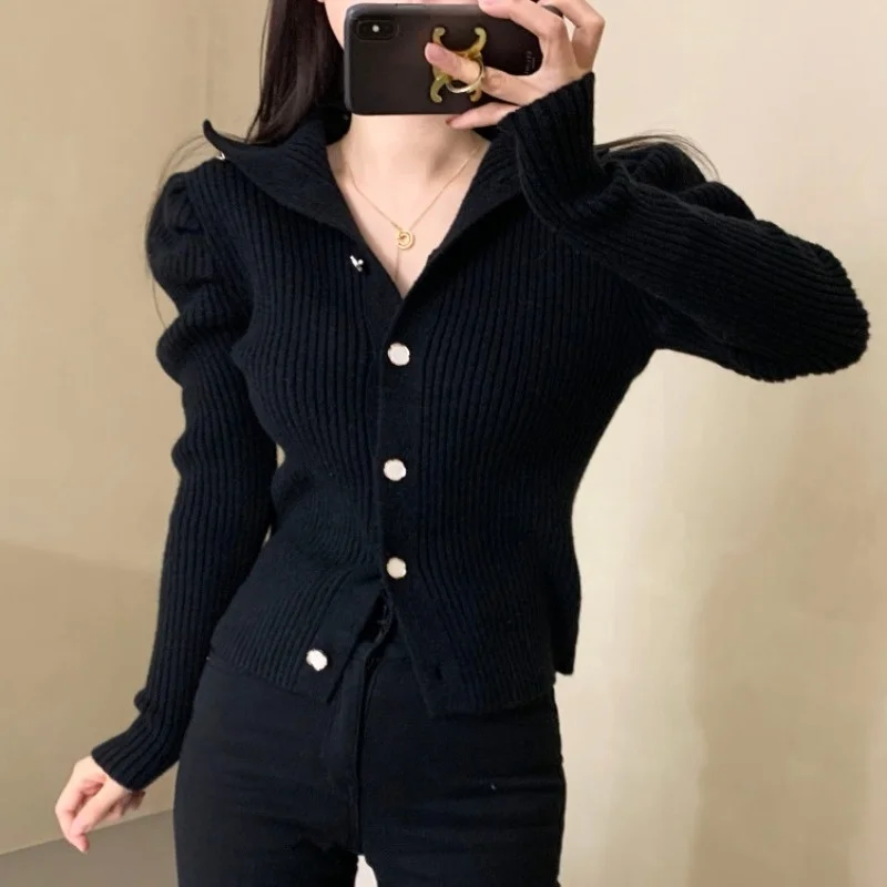 Bubble Sleeve Short Sweater Korean Chic Spring Simple Advanced Green Lapel Knitted Cardigan Single Breasted Womenshesam-B Nuyoah |