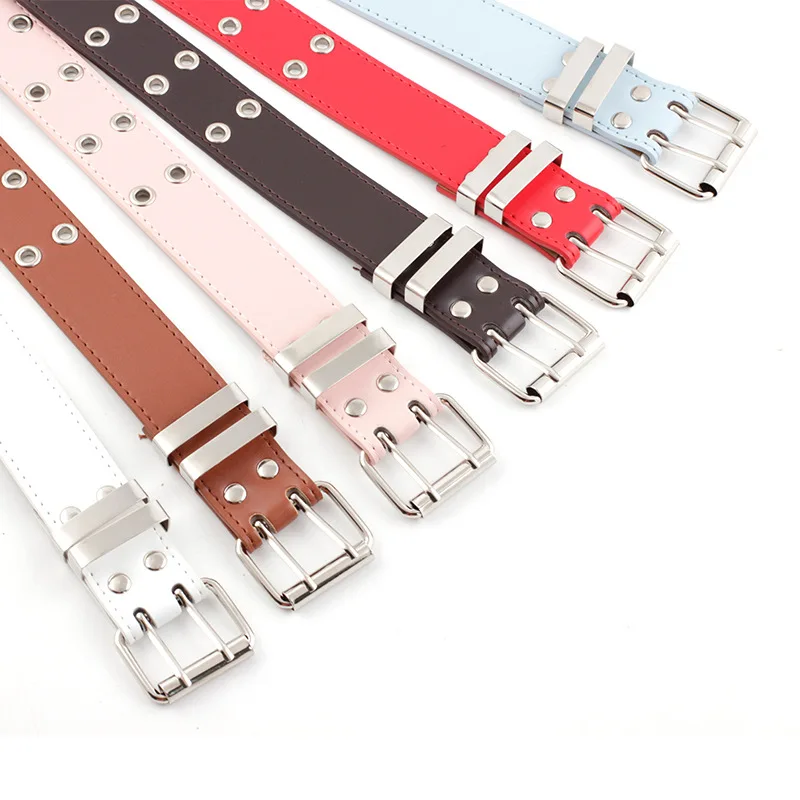 

Fashion New Designer Women's Punk Black White Pink Red Brown Double Eyelet Grommet Leather Belt with Chain Belts for Women Pants