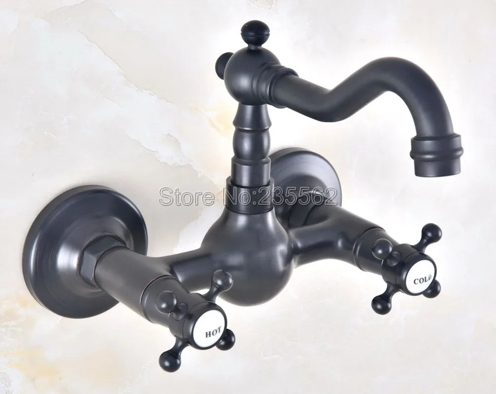 

Black Oil Rubbed Bronze Wall Mounted Swivel Spout Bathroom Sink Faucet Double Handle Mixer Tap Wall Mounted Lnf470