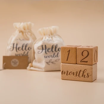 3pcs/set Handmade Baby Milestone Cards Square Engraved Wood Infants Bathing Gift Newborn Photography Calendar Photo Accessories 1