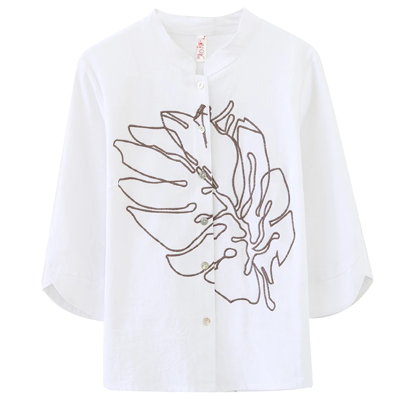 

COIGARSAM Three Quarter Sleeve Shirt Womens tops New Spring Embroidery Cotton Linen Women shirts White Black 8206