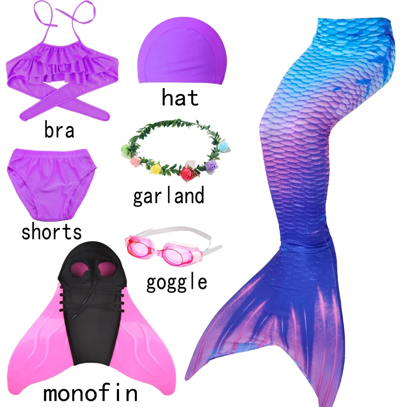 7pcs monofinG-purple Рождественский карнавальный детский купальник, бикини, Флиппер, хвост русалки, шорты, топ для плавания, хвост русалки, костюмы для плавания для девочек - Цвет: 7pcs monofinG-purple