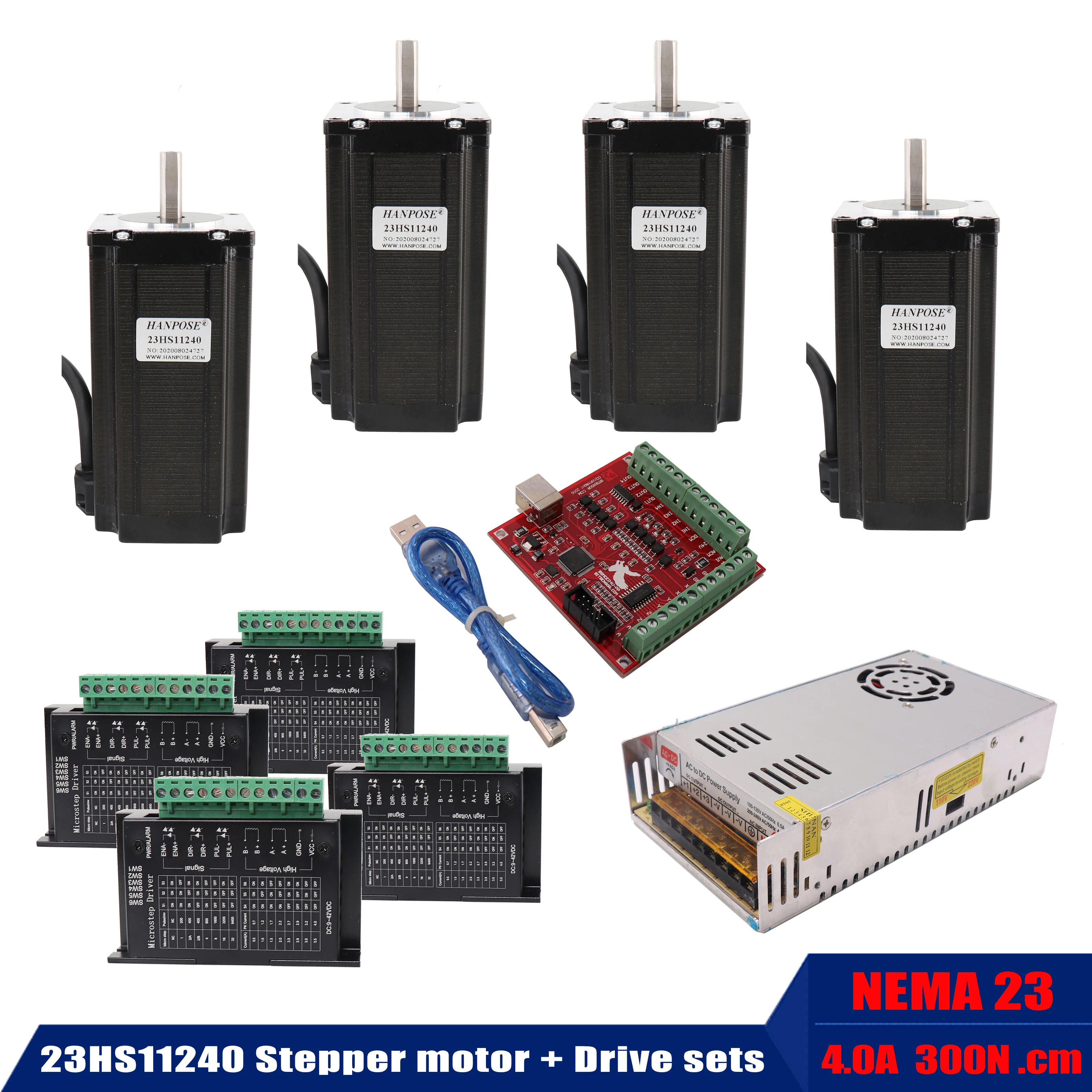 

4.0A 23HS11240 stepper motor body length 112mm + 4 PCS driver TB6600 + USB power controller 3D printing