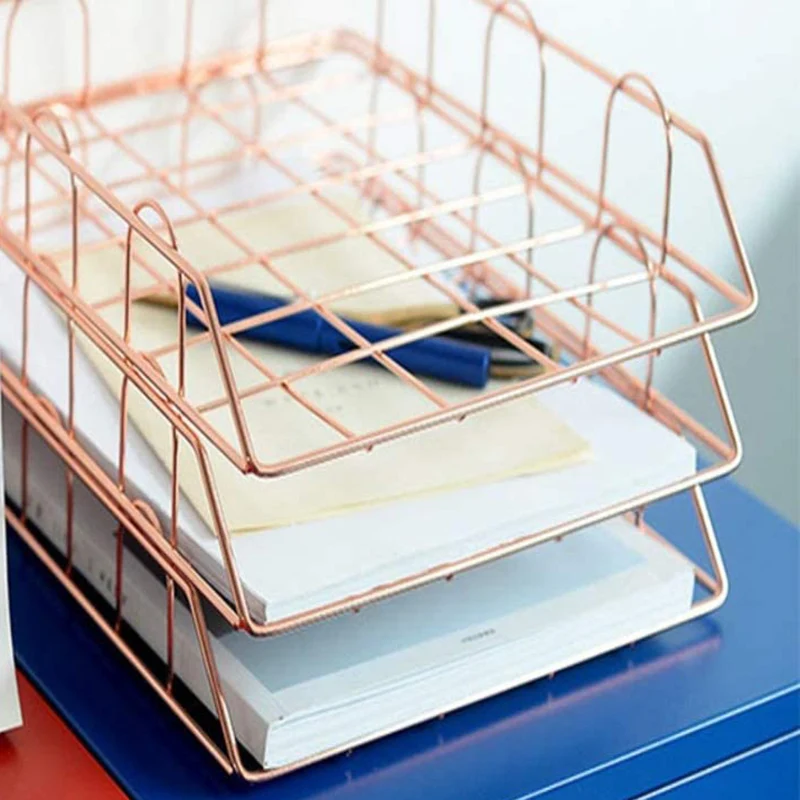 

3 Tier Paper Tray Organizer, Stackable Desk File Organizer Letter Tray Paper Holder Rack for Office and Home (Rose Gold)