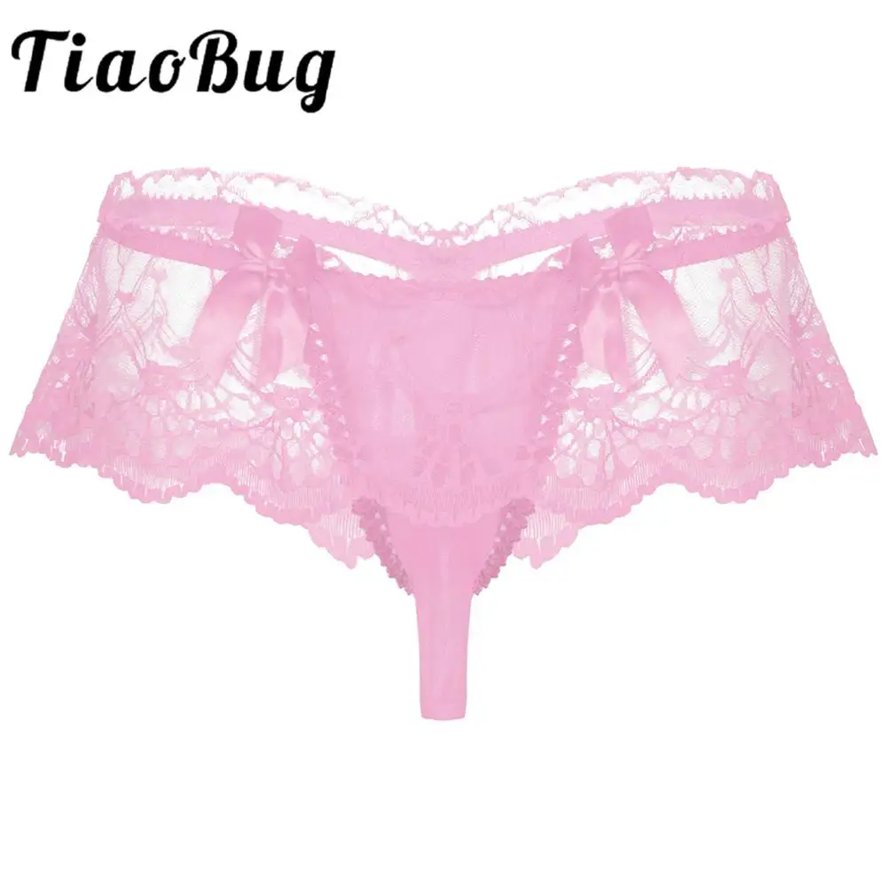 

Mens Lingerie See-through Lace Bowknot Sissy Panties Sexy Briefs Underwear Low Waist Mesh Open Bulge Pouch Thongs Underpants