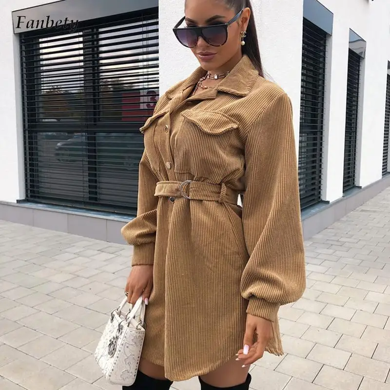 

Elegant Fashion Office Lady Corduroy Belt Dress Coat Autumn Winter Fashion Lapel Single-Breasted Women Solid A-Line Dress Mujer