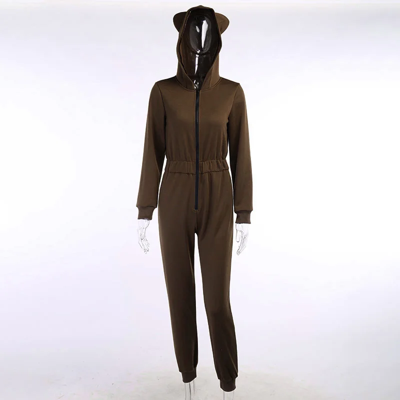 

Z-ONE Autumn Winter 2021 Casual Warm Women Zipper Jumpsuit With Hooded Long Sleeve Sweatwear Thick Jumpsuit Cotton Rompers Black
